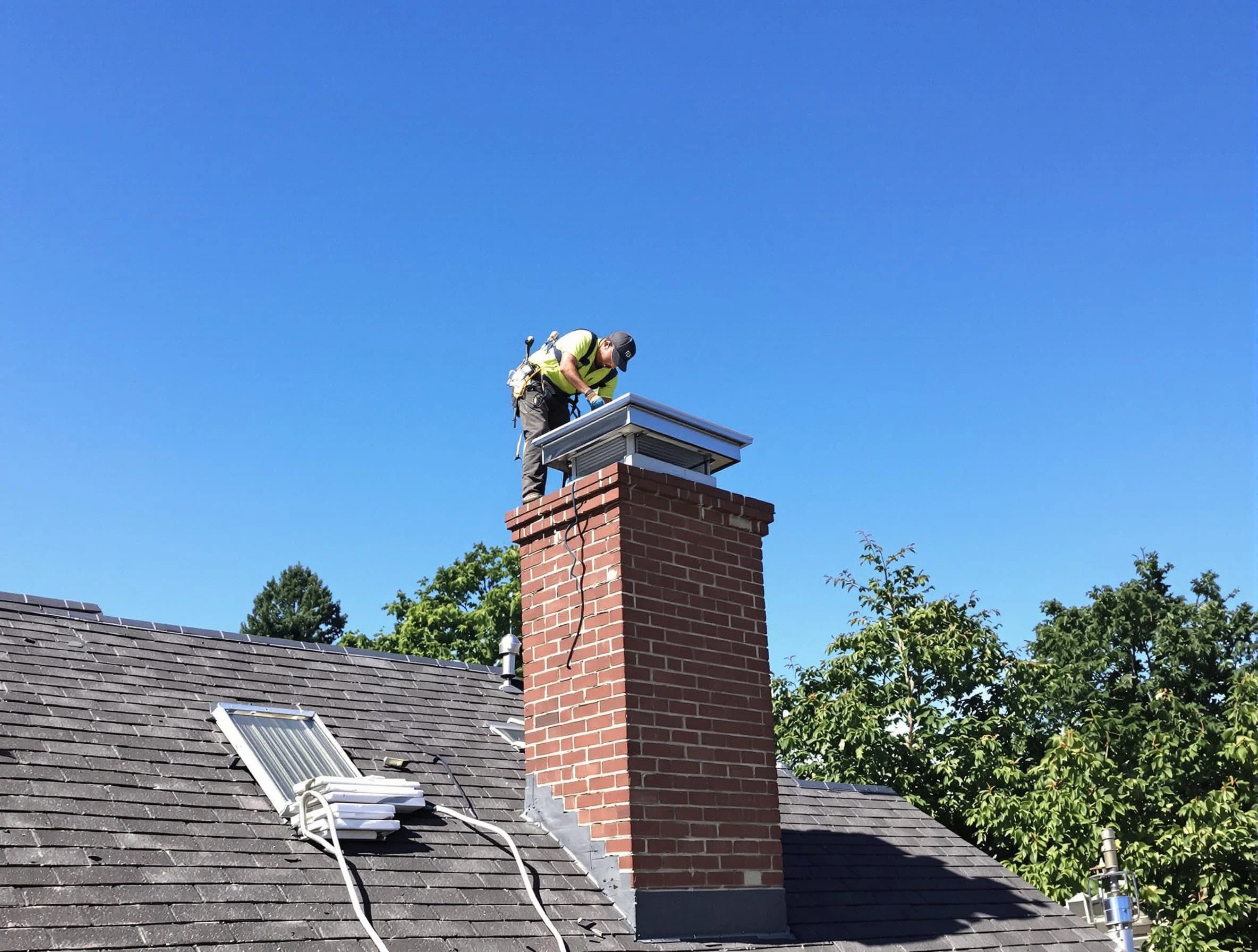 Stafford Chimney Sweep technician measuring a chimney cap in Stafford, NJ